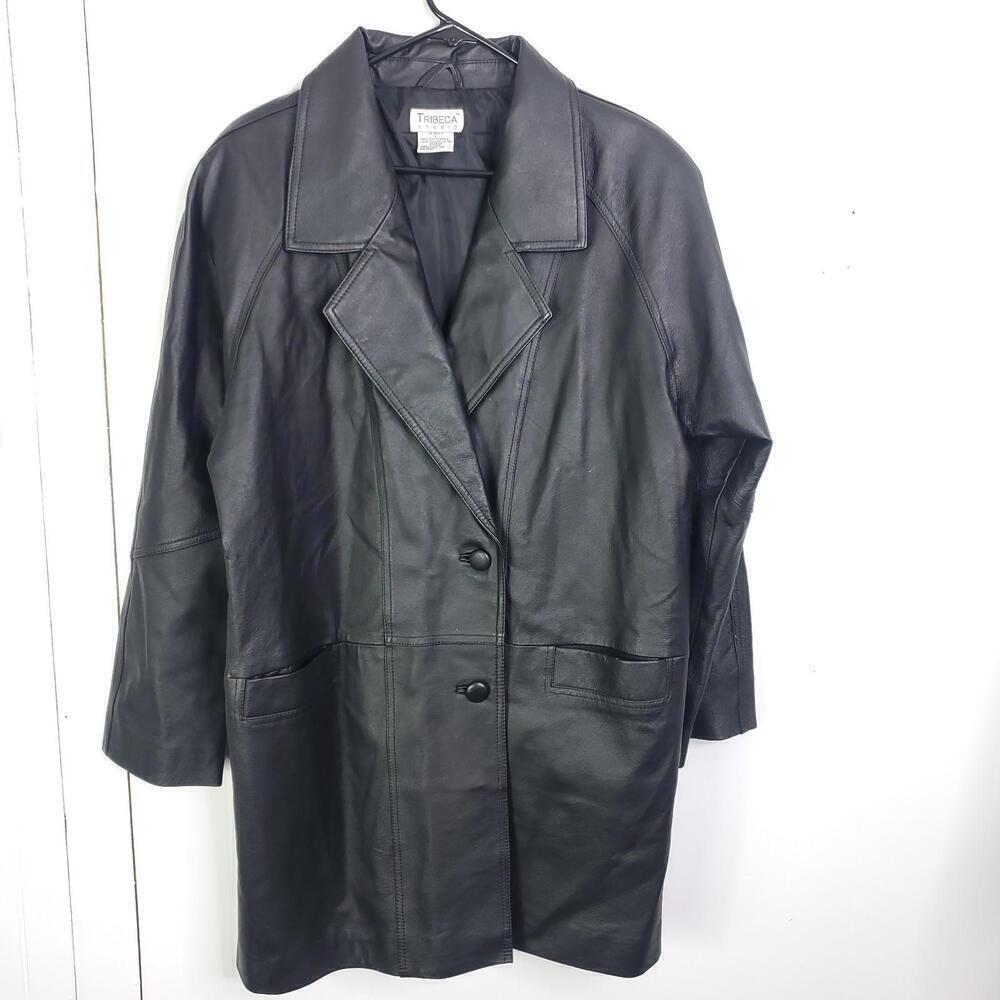 Tribeca Studio Leather Coat Womens Large Mid Length Black Minimalist Classic